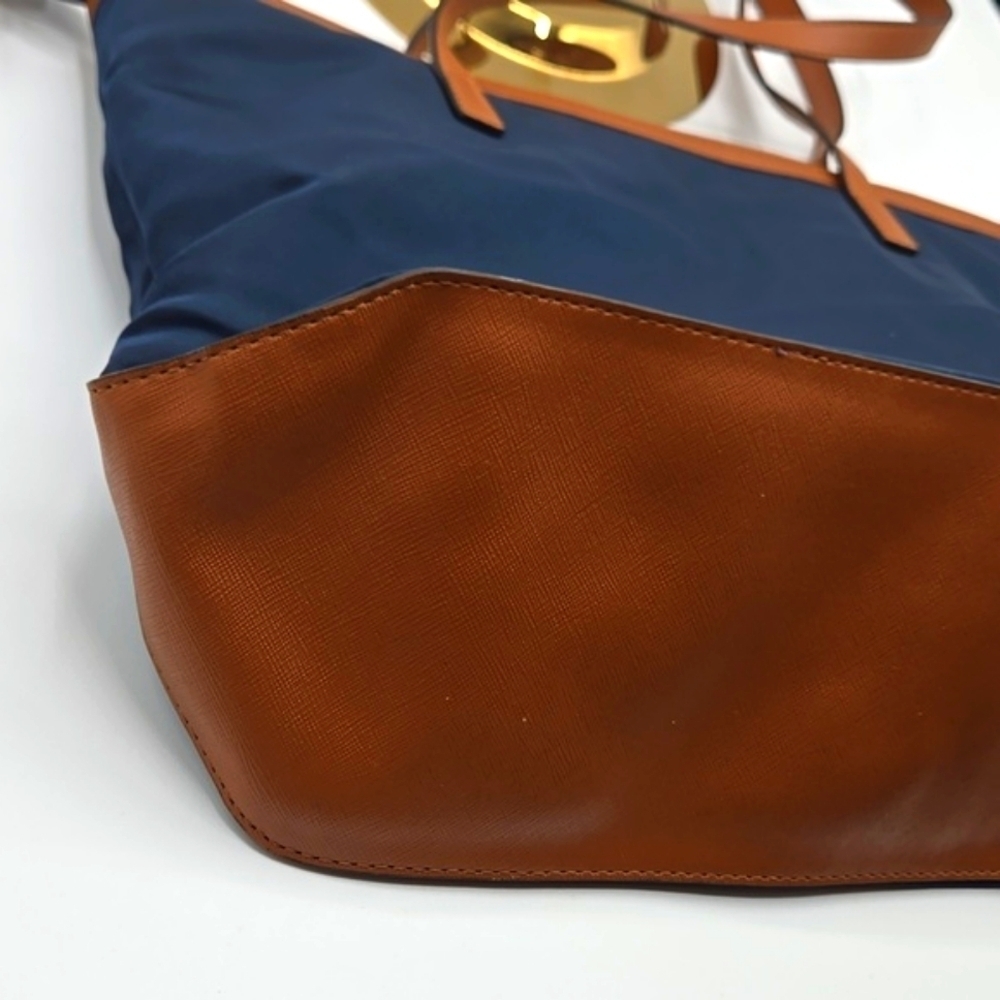 MICHAEL KORS Medium Nylon Tote Navy w/ Cognac Straps Gold MK 🔐 - Picture 10 of 11